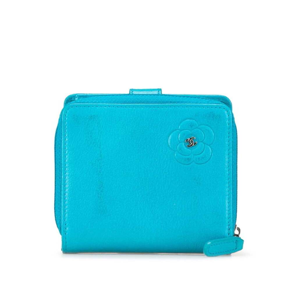 CHANEL Authentic Blue Lambskin Leather Logo Wallet